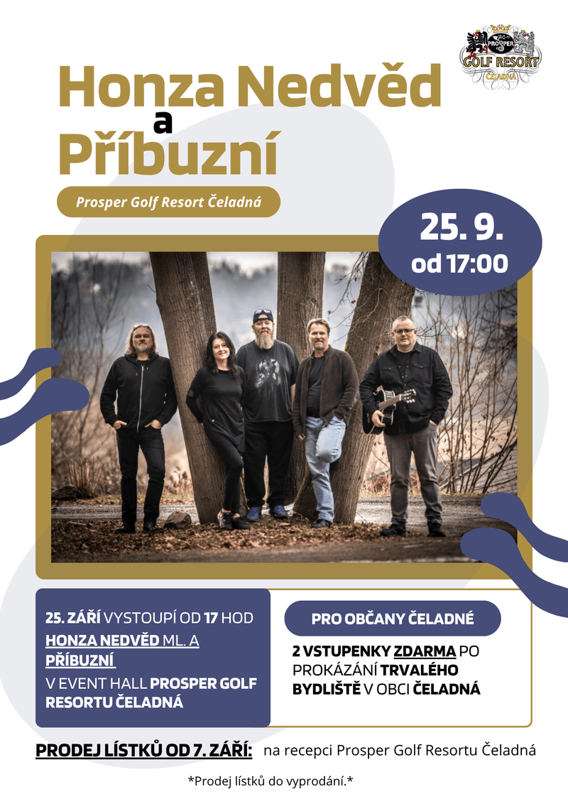 Obrázek k aktualitě Vystoupení Honzy Nedvěda a příbuzných a to dne 25. 09. 2026 v 17:00 hod. v Event hall v Prosper Golf Resortu 